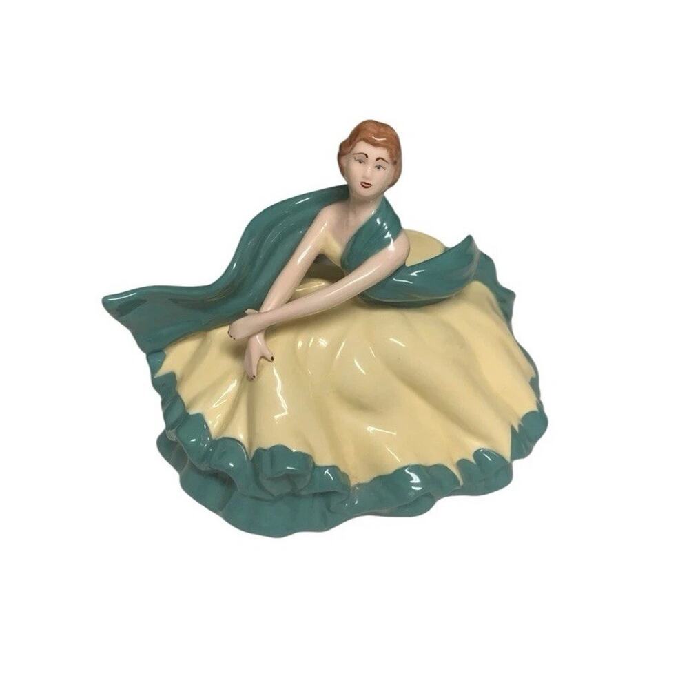 Vintage 1960s Lady Figurine Vase Planter Teal Yellow Dress 6in Ceramic Vicky